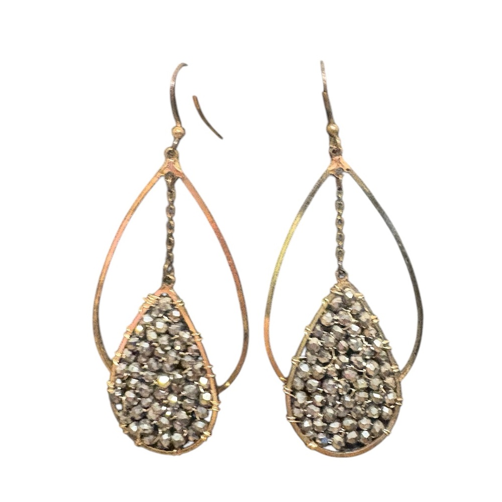 Teardrop beaded mixed metal 3 inch antique gold fish hook earrings long drop